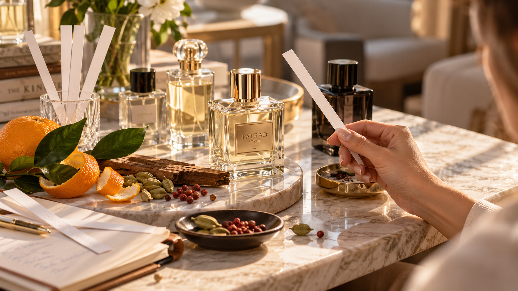 نمای نزدیک از نت‌های بویایی عطر یونی‌سکس شامل مرکبات، چوب و ادویه