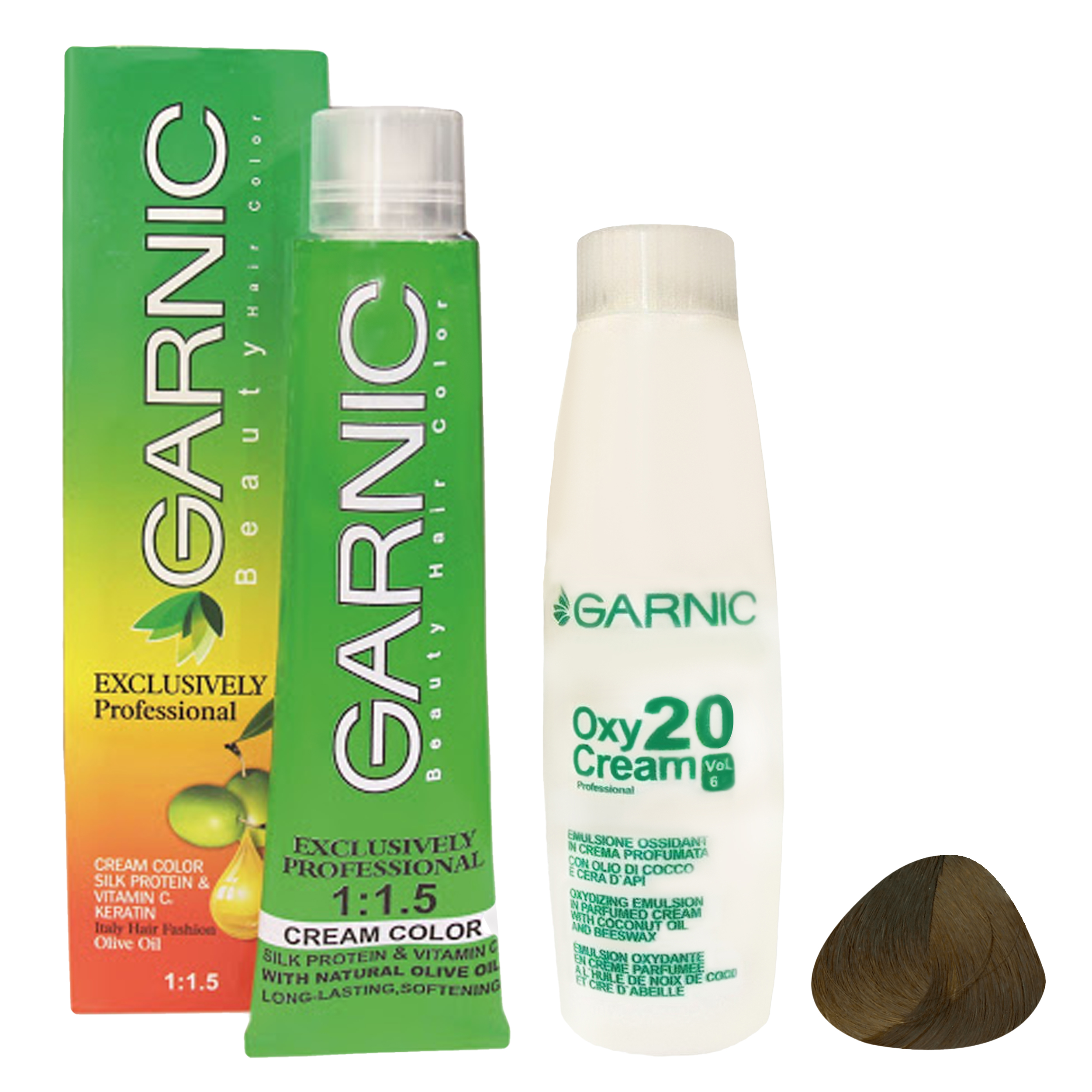 رنگ مو گارنیک شماره 5 حجم 120 میلی لیتر رنگ قهوه ای روشن به همراه اکسیدان گارنیک 20vol شش درصدی حجم 180 میلی لیتر