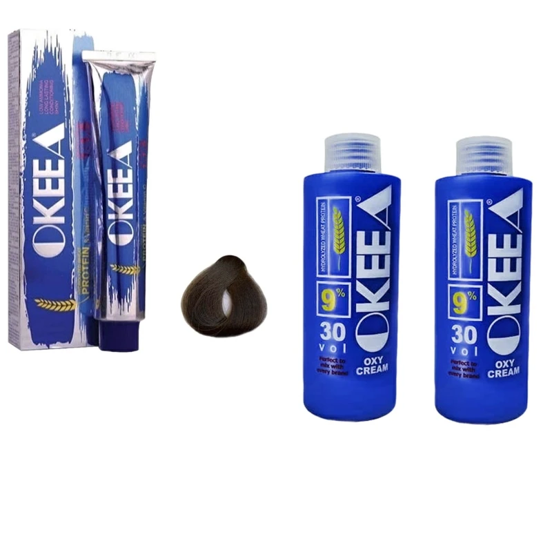 رنگ مو اکیا سری طبیعی شماره 5.00 حجم 200 میلی لیتر رنگ قهوه ای روشن قوی به همراه اکسیدان اکیا 20v نه درصدی حجم 150 میلی لیتر مجموعه 2 عددی