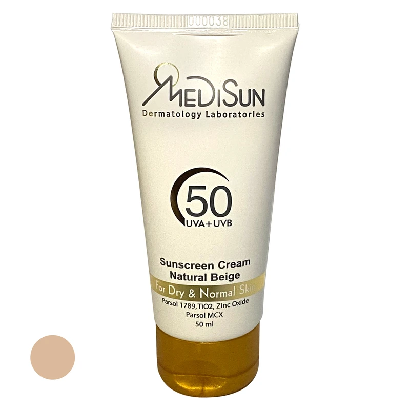 کرم ضد آفتاب رنگی مدیسان SPF50 UVA+UVB مناسب پوست های خشک و معمولی حجم 50 میلی لیتر