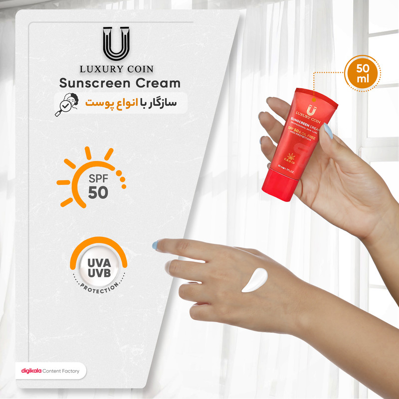 کرم ضد آفتاب بدون رنگ لاکچری کوین SPF50 محافظ UVA ،UVB، ضد پیری، ضد آب، مرطوبکننده، مناسب انواع پوست حجم 50 میلیلیتر