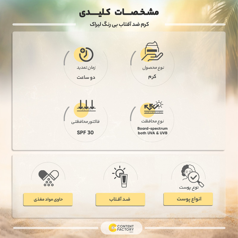 کرم ضد آفتاب بی رنگ لیراک SPF30 ضد چروک مناسب انوع پوست حجم 40 میلی لیتر