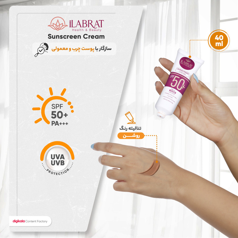 کرم ضد آفتاب رنگی ایلابرت SPF50 محافظ UVA ،UVB و +++PA، ضد لک، حجم 40 میلیلیتر