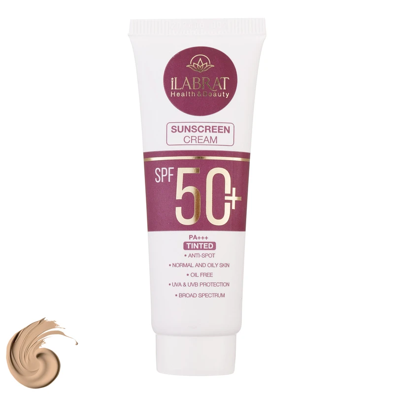 کرم ضد آفتاب رنگی ایلابرت +SPF50 ضد لک natural beige محافظ UVA ،UVB و +++PA، ضد آب، مناسب پوست‌های چرب و معمولی حجم 40 میلی‌لیتر