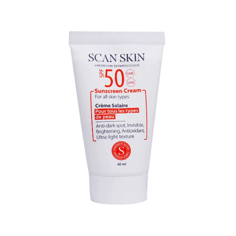 کرم ضد آفتاب بدون رنگ اسکن اسکین SPF50 محافظ UVA ،UVB، ضد لک، روشن‌کننده، مناسب انواع پوست حجم 40 میلی‌لیتر
