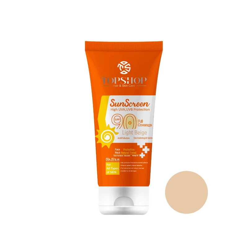 کرم ضد آفتاب رنگی تاپ شاپ Light Beige SPF 90 مناسب انواع پوست حجم 50 میلی لیتر