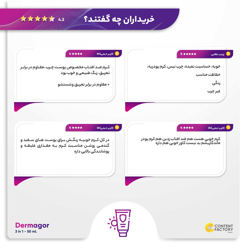 کرم ضد آفتاب رنگی درماگور SPF50 3 در 1 محافظ UVB ،UVA، مرطوب‌کننده مناسب پوست مختلط حجم 40 میلی‌لیتر