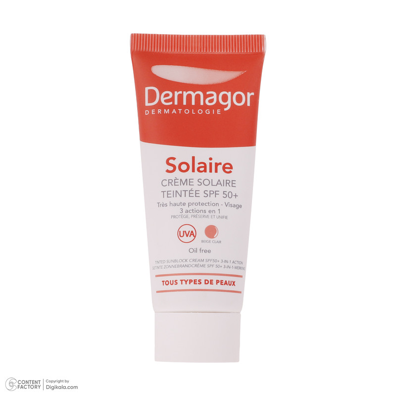 کرم ضد آفتاب رنگی درماگور SPF50 3 در 1 محافظ UVB ،UVA، مرطوب‌کننده مناسب پوست مختلط حجم 40 میلی‌لیتر