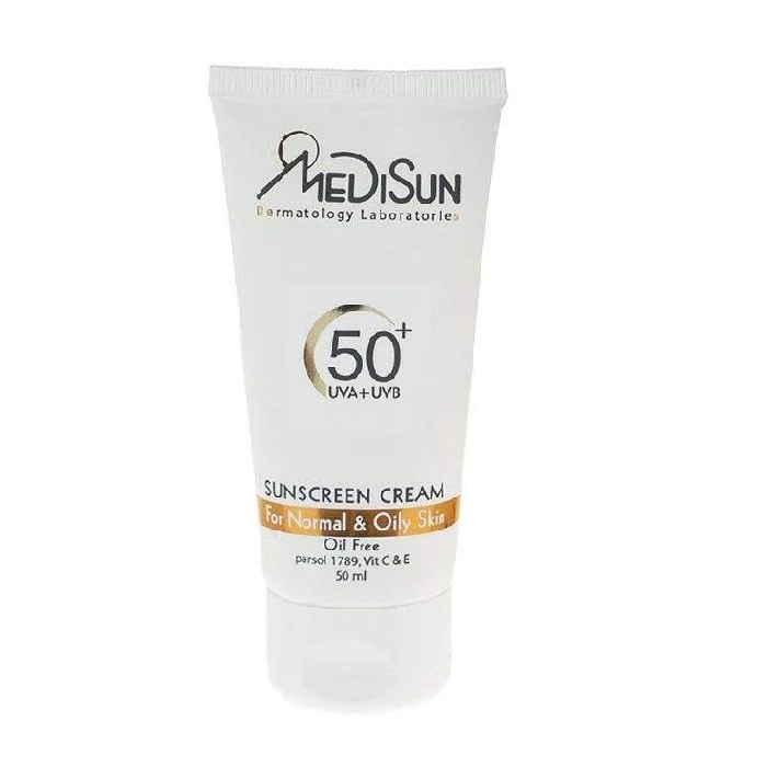 کرم ضد آفتاب بی رنگ مدیسان SPF 50 مناسب پوست های چرب و معمولی حجم 50 میلی لیتر