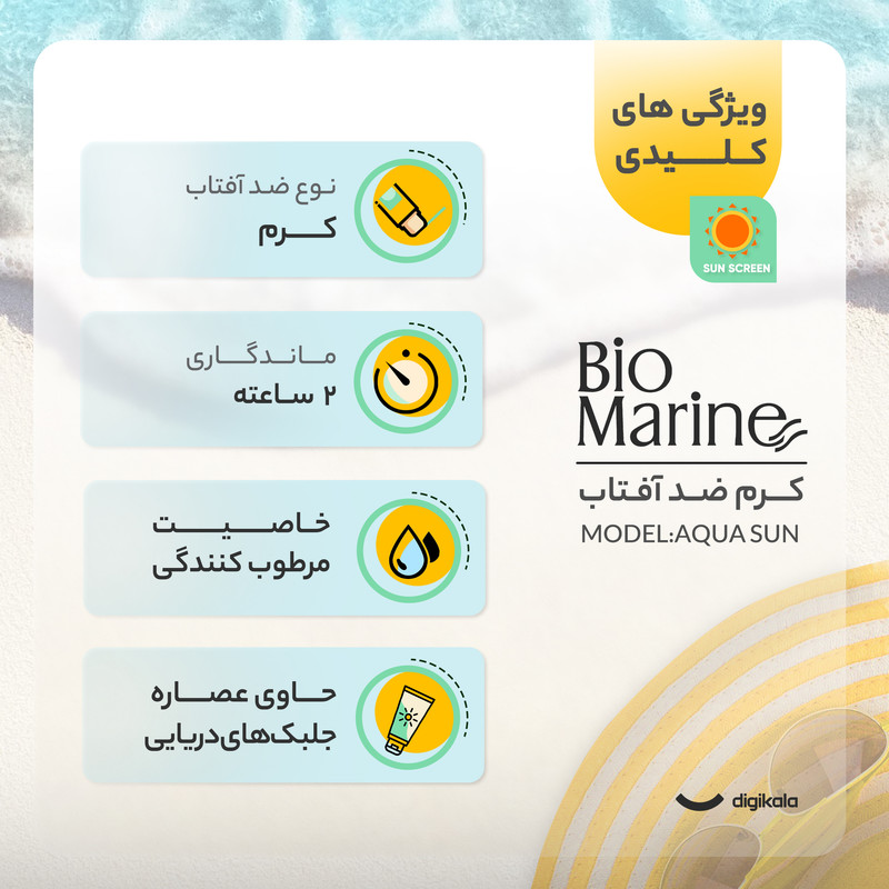 کرم ضد آفتاب بدون رنگ بایومارین SPF50 AQUA SUN محافظ UVA ،UVB، مرطوب‌کننده، مناسب پوست خشک حجم 50 میلی‌لیتر