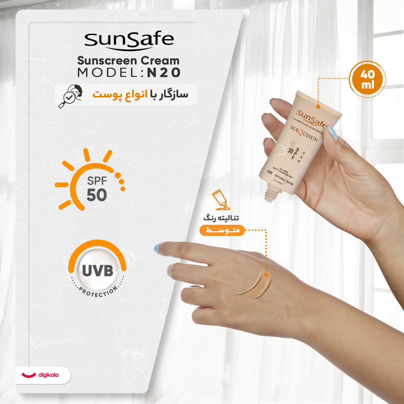 کرم ضد آفتاب رنگی سان سیف SPF50 N20 محافظ UVA ،UVB مناسب انواع پوست حجم 40 میلی‌لیتر
