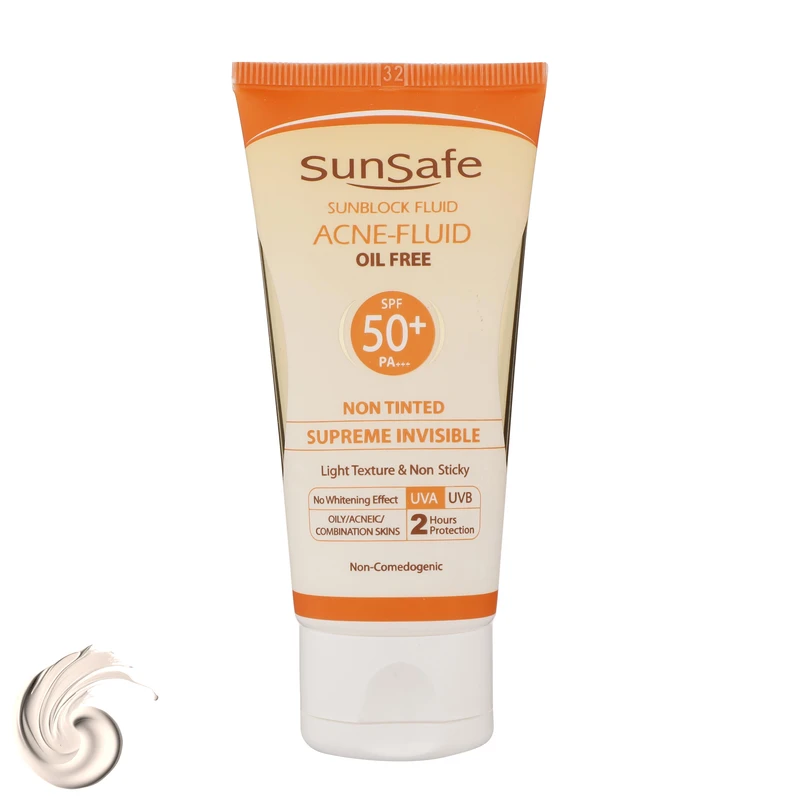 کرم ضد آفتاب بدون رنگ سان سیف SPF50 ACNE-FLUID محافظ UVA ،UVB و +++PA، تنظیم ترشح چربی پوست، ضد جوش و آکنه، ضد آب، ضد حساسیت، مناسب پوست‌‌های آکنه‌ای و چرب حجم 50 میلی‌لیتر