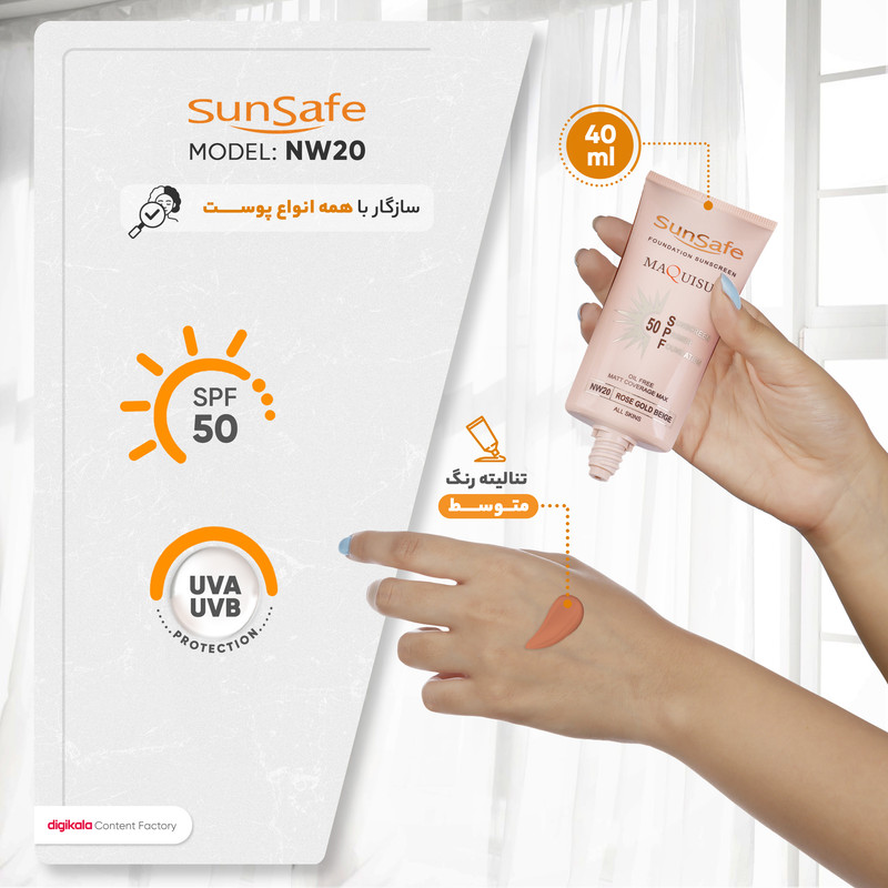 کرم ضد آفتاب رنگی سان سیف SFP50 NW20 محافظ UVA ،UVB، مناسب انواع پوست حجم 40 میلیلیتر