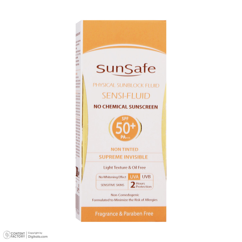 فلوئید ضد آفتاب بدون رنگ سان سیف SPF50 Sensi محافظ UVA ،UVB و +++PA، تنظیم ترشح چربی پوست، مناسب پوست حساس حجم 50 میلی‌لیتر