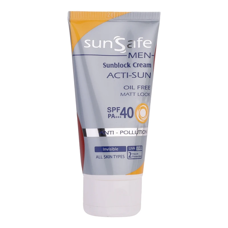 کرم ضد آفتاب بدون رنگ آقایان سان سیف SPF40 محافظ UVA ،UVB و +++PA، ضد آب، ضد حساسیت، مناسب انواع پوست حجم 50 میلی‌لیتر