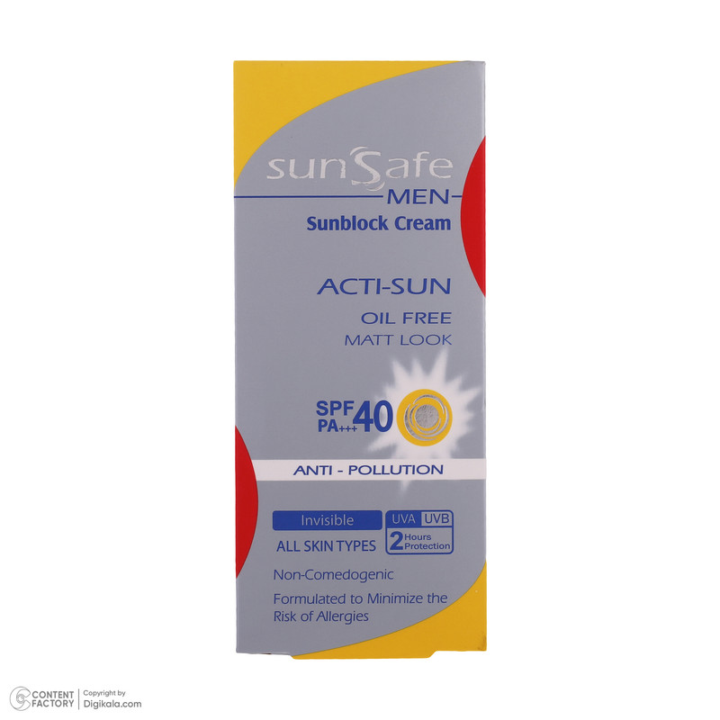 کرم ضد آفتاب بدون رنگ آقایان سان سیف SPF40 محافظ UVA ،UVB و +++PA، ضد آب، ضد حساسیت، مناسب انواع پوست حجم 50 میلیلیتر
