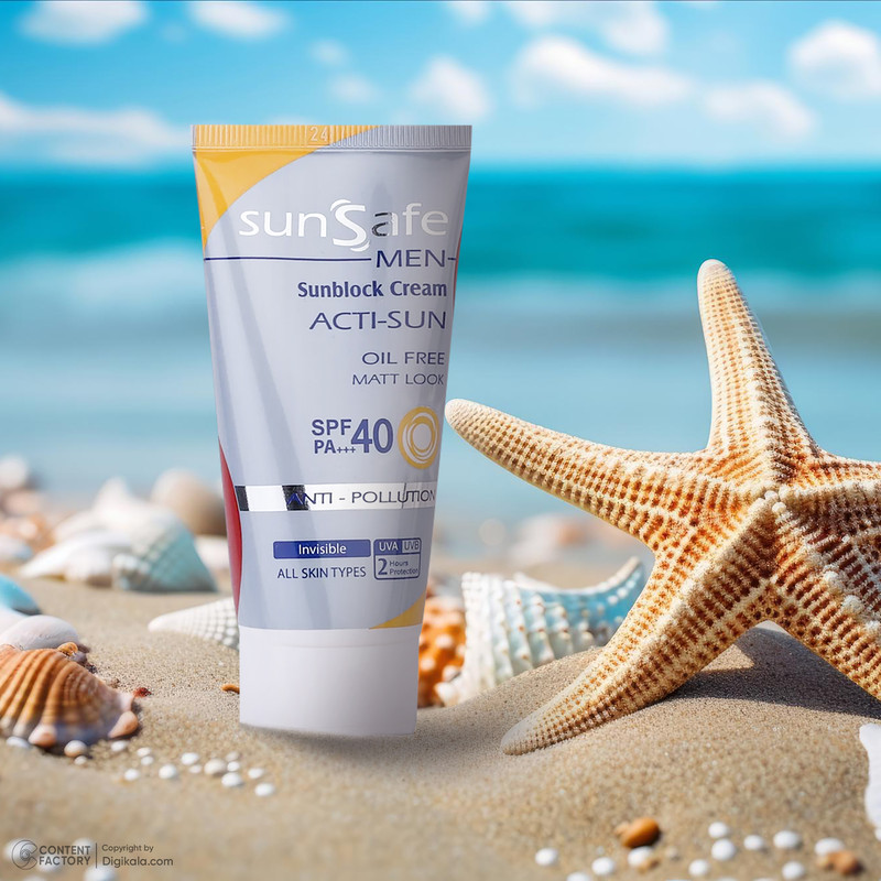 کرم ضد آفتاب بدون رنگ آقایان سان سیف SPF40 محافظ UVA ،UVB و +++PA، ضد آب، ضد حساسیت، مناسب انواع پوست حجم 50 میلیلیتر