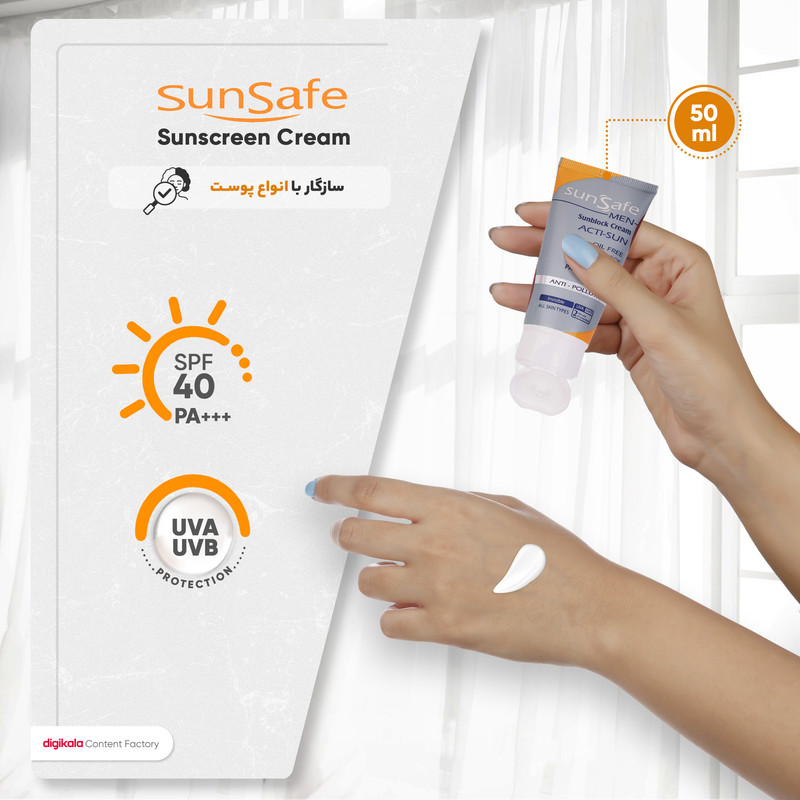 کرم ضد آفتاب بدون رنگ آقایان سان سیف SPF40 محافظ UVA ،UVB و +++PA، ضد آب، ضد حساسیت، مناسب انواع پوست حجم 50 میلیلیتر