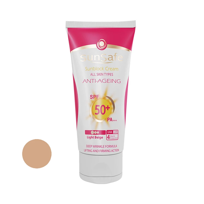 کرم ضد آفتاب رنگی سان سیف SPF50 محافظ UVA ،UVB و +++PA، ضد چروک، ضد پیری، مناسب انواع پوست حجم 50 میلی‌لیتر