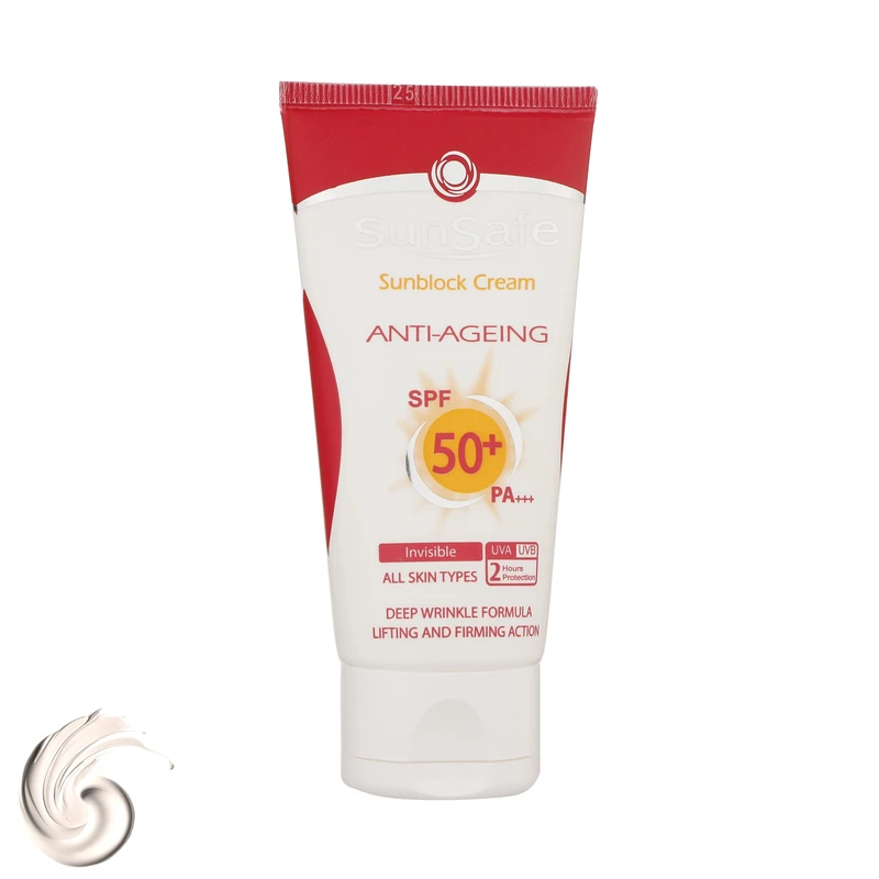 کرم ضد آفتاب بدون رنگ سان سیف SPF50 محافظ UVA ،UVB و +++PA، ضد چروک، ضد پیری، ضد حساسیت مناسب انواع پوست حجم 50 میلی‌لیتر