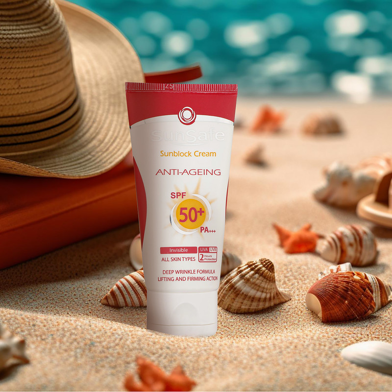 کرم ضد آفتاب بدون رنگ سان سیف SPF50 محافظ UVA ،UVB و +++PA، ضد چروک، ضد پیری، ضد حساسیت مناسب انواع پوست حجم 50 میلی‌لیتر
