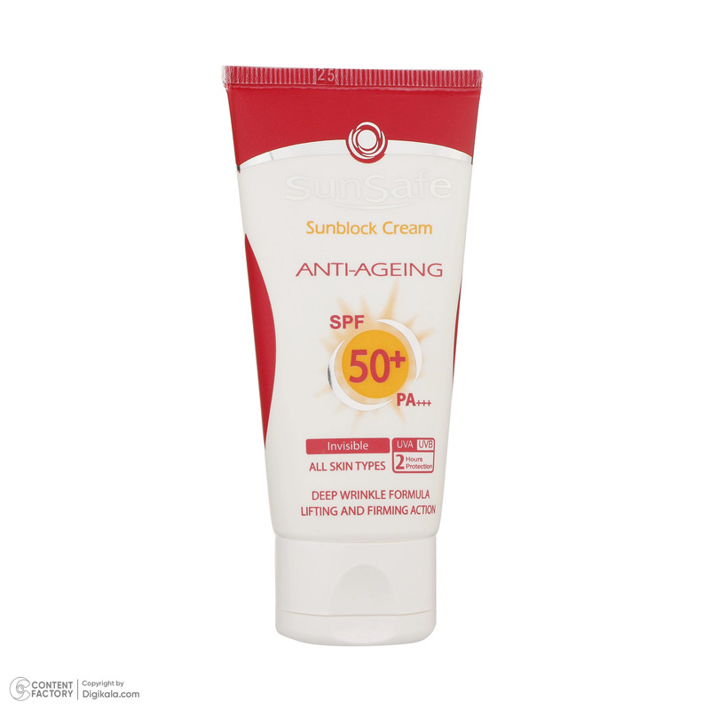 کرم ضد آفتاب بدون رنگ سان سیف SPF50 محافظ UVA ،UVB و +++PA، ضد چروک، ضد پیری، ضد حساسیت مناسب انواع پوست حجم 50 میلی‌لیتر