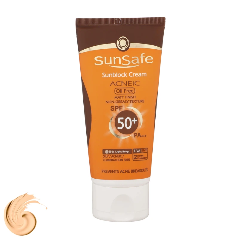 کرم ضد آفتاب رنگی سان سیف SPF50 محافظ UVA ،UVB و +++PA، ضد جوش و آکنه، ضدپیری، ضد آب، مناسب پوست چرب حجم 50 میلی‌لیتر