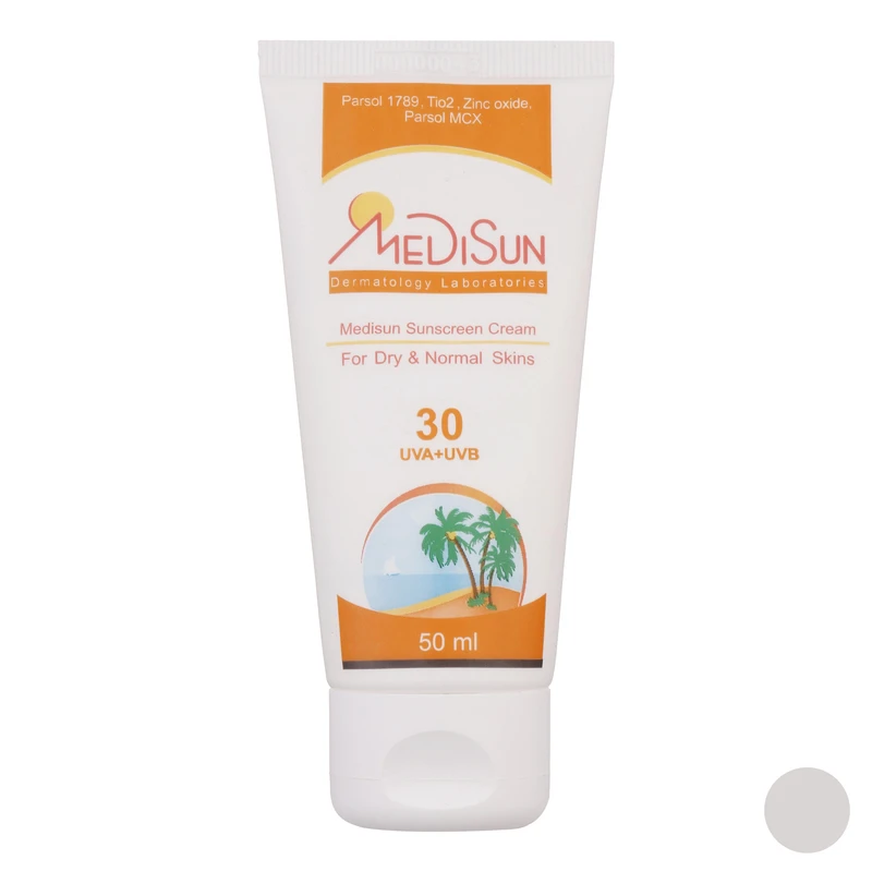 کرم ضد آفتاب بدون رنگ مدیسان SPF30 محافظ UVA ،UVB، مناسب پوست‌‌های خشک و معمولی حجم 50 میلی‌لیتر