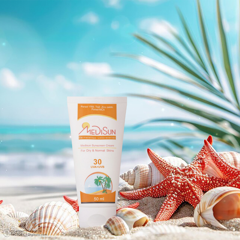 کرم ضد آفتاب بدون رنگ مدیسان SPF30 محافظ UVA ،UVB، مناسب پوست‌‌های خشک و معمولی حجم 50 میلی‌لیتر