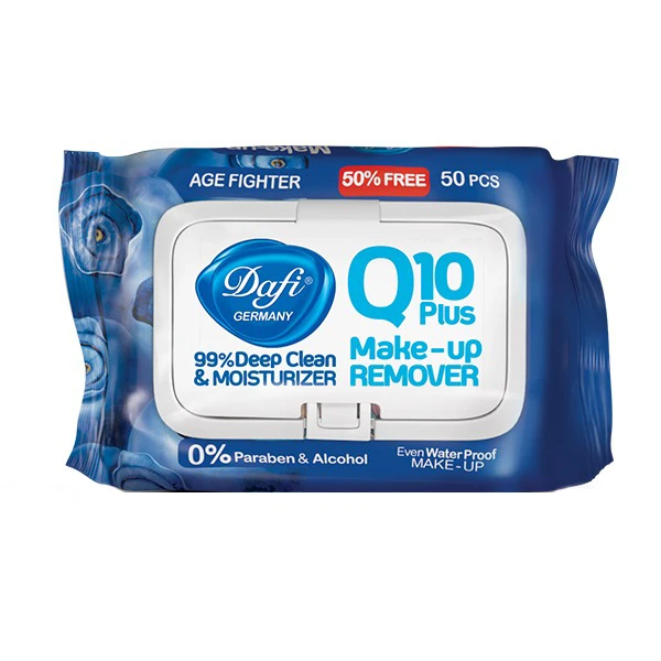 دستمال پاک کننده آرایشی دافی Q10 PLUS ضد پیری بسته 50 عددی