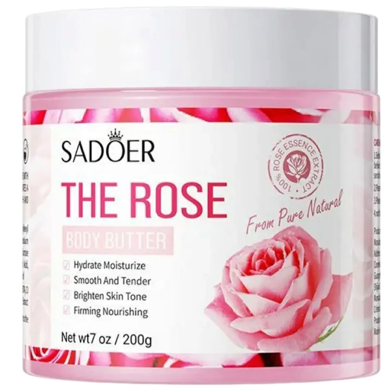 کره بدن سادور مدل The Rose حجم 250 میلی‌لیتر مرطوب‌کننده و ضد خشکی با ویتامین E، روغن بادام، آرگان و عصاره گل رز، ضد ترک، جوانساز، فاقد پارابن و مواد حساسیت‌زا، مناسب انواع پوست و استفاده پس از دوش