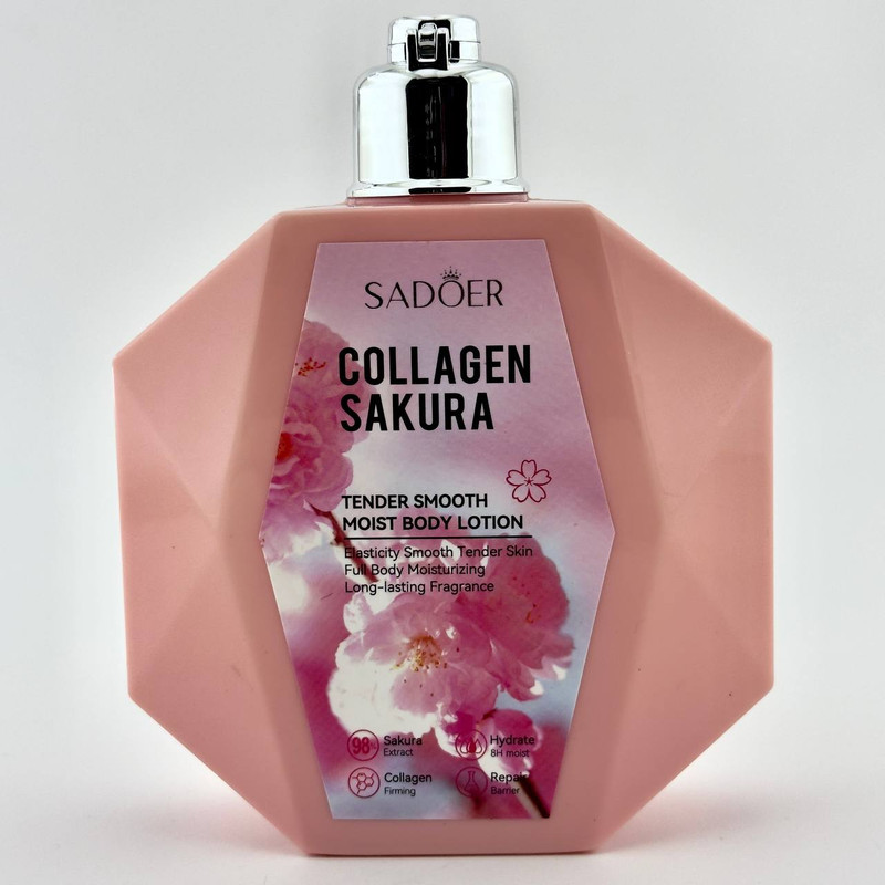 لوسیون بدن سادور مدل Collagen Sakura حجم 300 میلی‌لیتر آبرسان و مرطوب‌کننده قوی، افزایش الاستیسیته پوست، روشن‌کننده، ضد لک و رفع بوی نامطبوع، مناسب انواع پوست