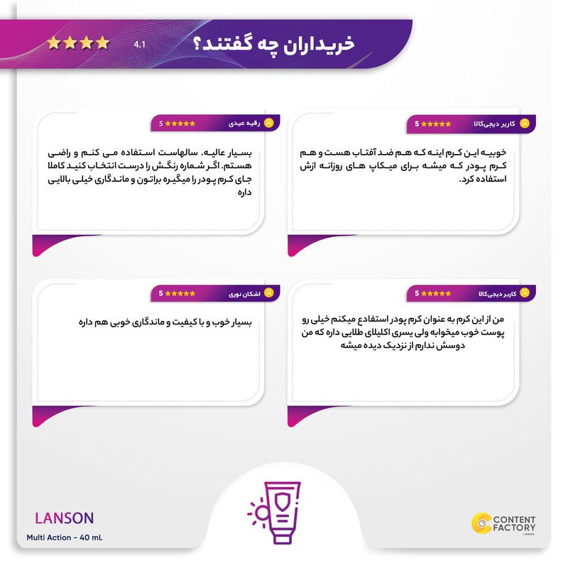 کرم ضدآفتاب رنگی لانسون SPF50 مدل مولتی اکشن شماره 1.5، مناسب پوستهای چرب، حجم 40 میلیلیتر