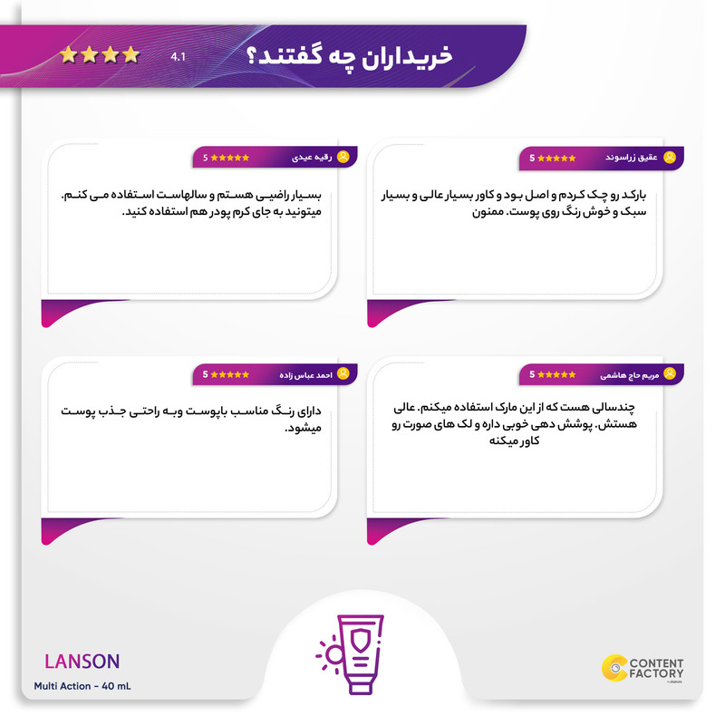 کرم ضدآفتاب رنگی لانسون SPF50 مدل مالتی اکشن، مناسب پوست‌های چرب، حجم 40 میلی‌لیتر